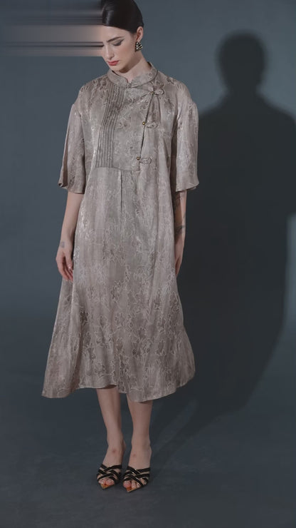 Taupe High-Neck Embroidered Midi Dress