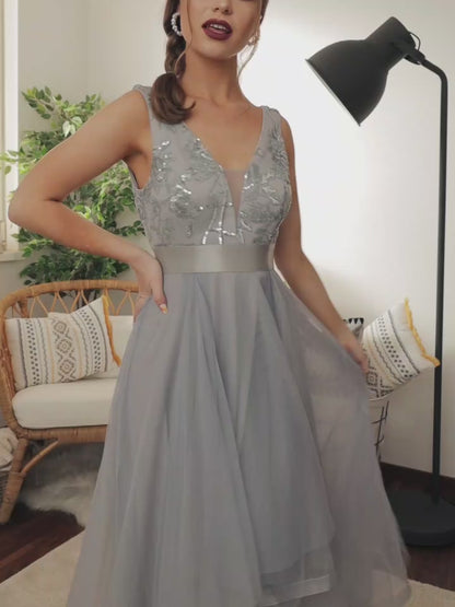 Deep V Neck Tulle High-Low Prom Dress with Sequin Detail
