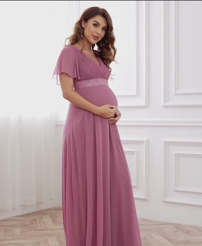 Elegant Maternity Dress with Ruffled Sleeves and Cinched Waist
