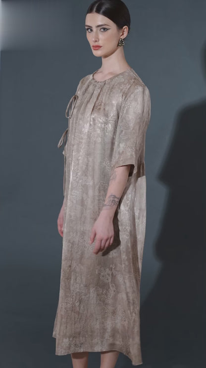 Beige Floral Midi Dress with Tie Detail