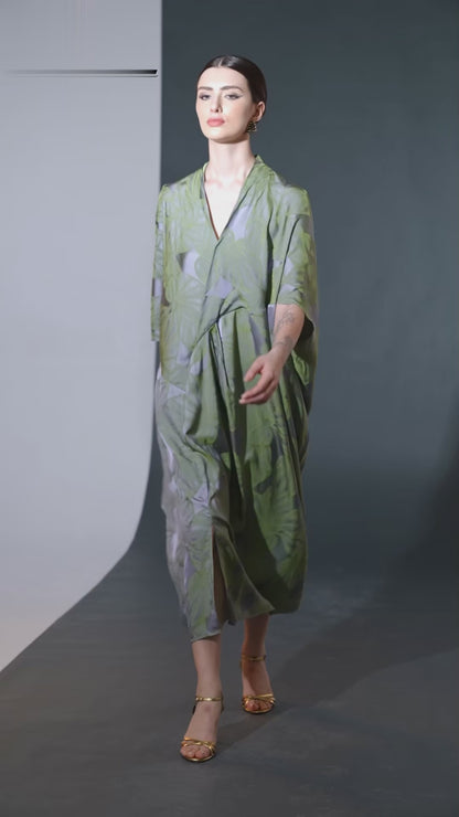 Silver and Beige Leaf Print Kaftan Dress