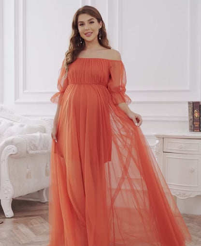 Elegant Sheer Off-Shoulder Maternity Double Skirt Maxi Dress