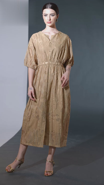 Rust Textured Midi Dress with Cinched Waist