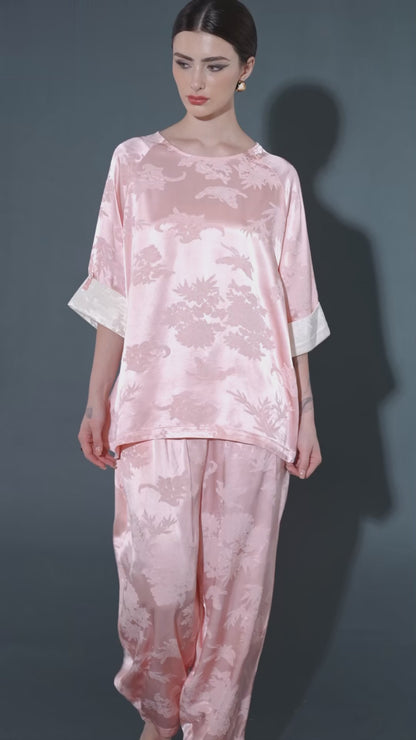 Ivory Floral Satin Two-Piece Set with Pink Cuffs