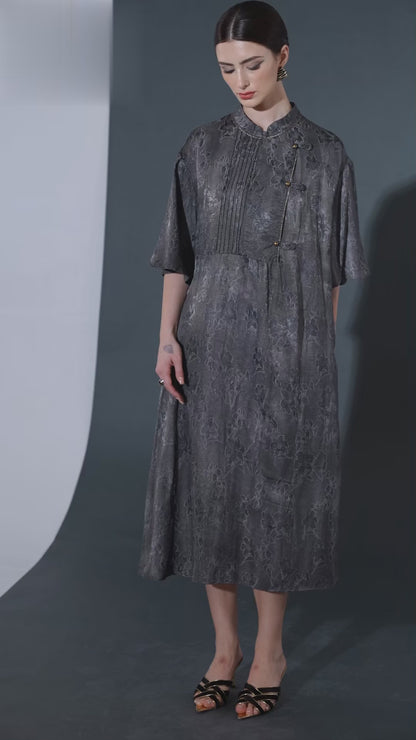 Taupe High-Neck Embroidered Midi Dress