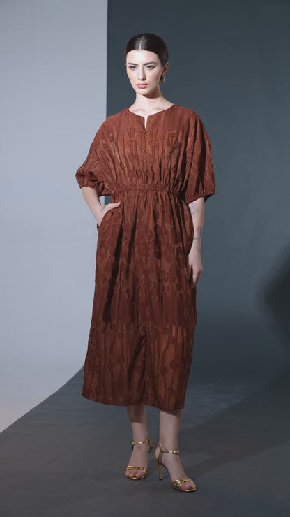 Rust Textured Midi Dress with Cinched Waist