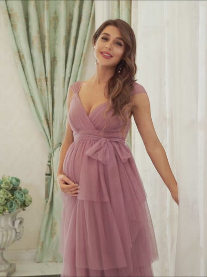 Elegant V-Neck Maternity Dress with Tie Waist and Tiered Floor-Length Styling