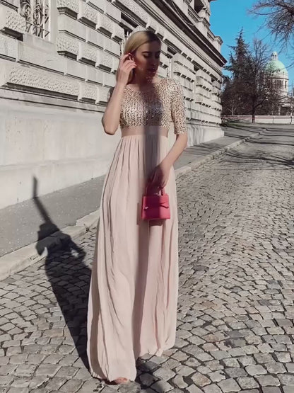 Elegant Round Neckline Long Sleeves Sequin Evening Dress