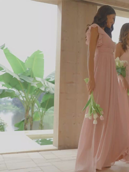 Enchanting Chiffon Bridesmaid Gown with Back Cutout and Ruffles