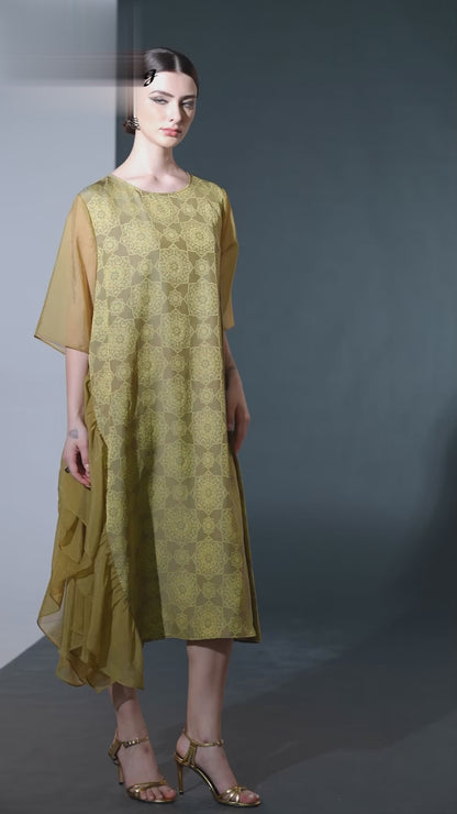 Elegant Geometric Print Midi Dress with Asymmetrical Layers