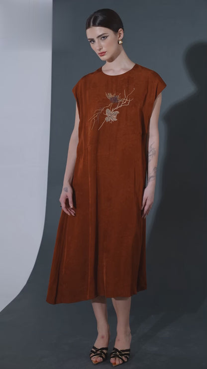Rust Sleeveless Embroidered Midi Dress