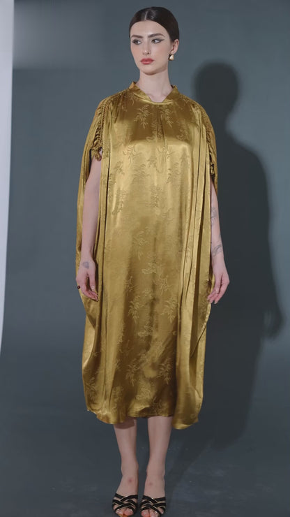 Golden Silk Embroidered Midi Kaftan Dress