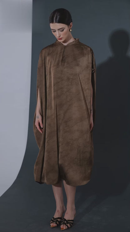 Elegant Brown High-Collar Dress with Gathered Sleeve Detailing