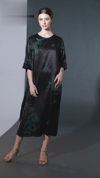 Black Silk Dragon Print Midi Dress