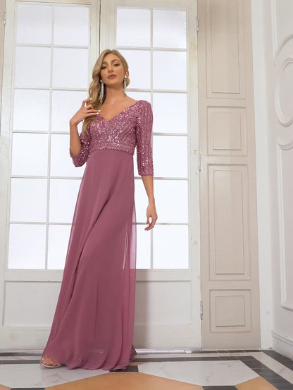 Sexy V Neck Sequin Evening Dresses with 3/4 Sleeve