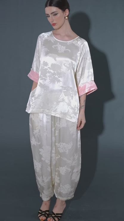 Ivory Floral Satin Two-Piece Set with Pink Cuffs