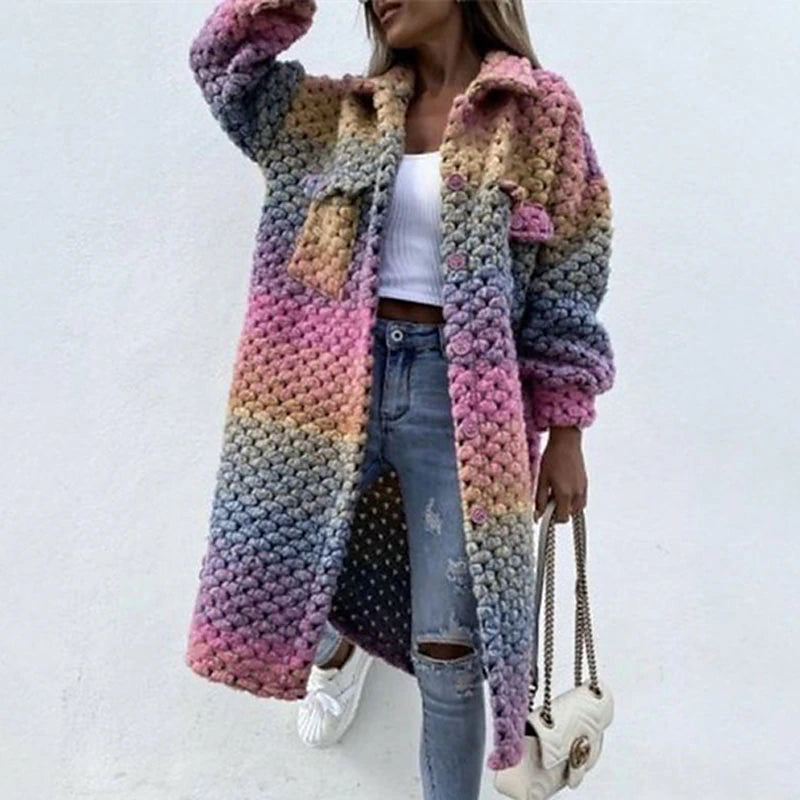 Women's Cardigan Sweater Shirt Collar Chunky Crochet Knit Polyester Pocket Knitted Fall Winter Long Outdoor Daily Going out Stylish Casual Soft Long Sleeve Color Gradient Purple S M L