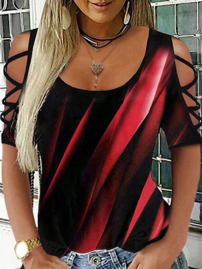T-shirts - Print Cold Shoulder 44928 Sleeves Casual T-shirt - MsDressly