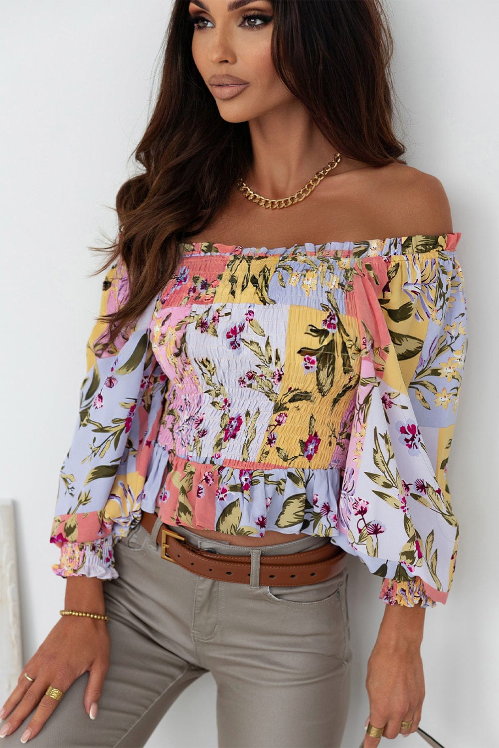 Printed Boat Neck Flare Sleeve Chiffon Blouses