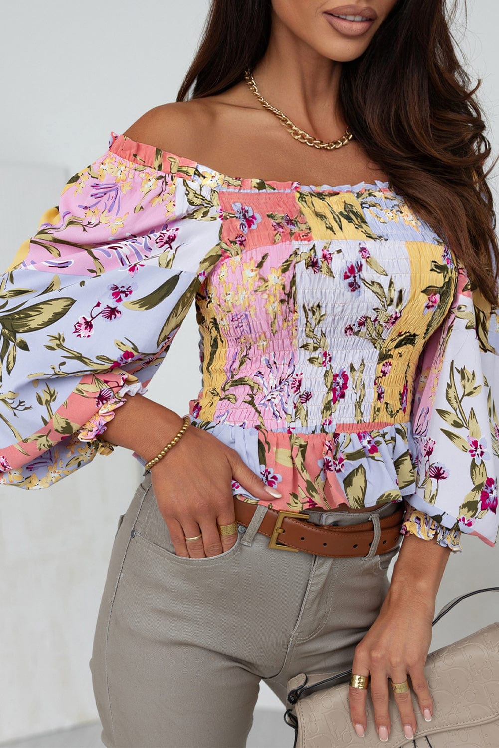 Printed Boat Neck Flare Sleeve Chiffon Blouses