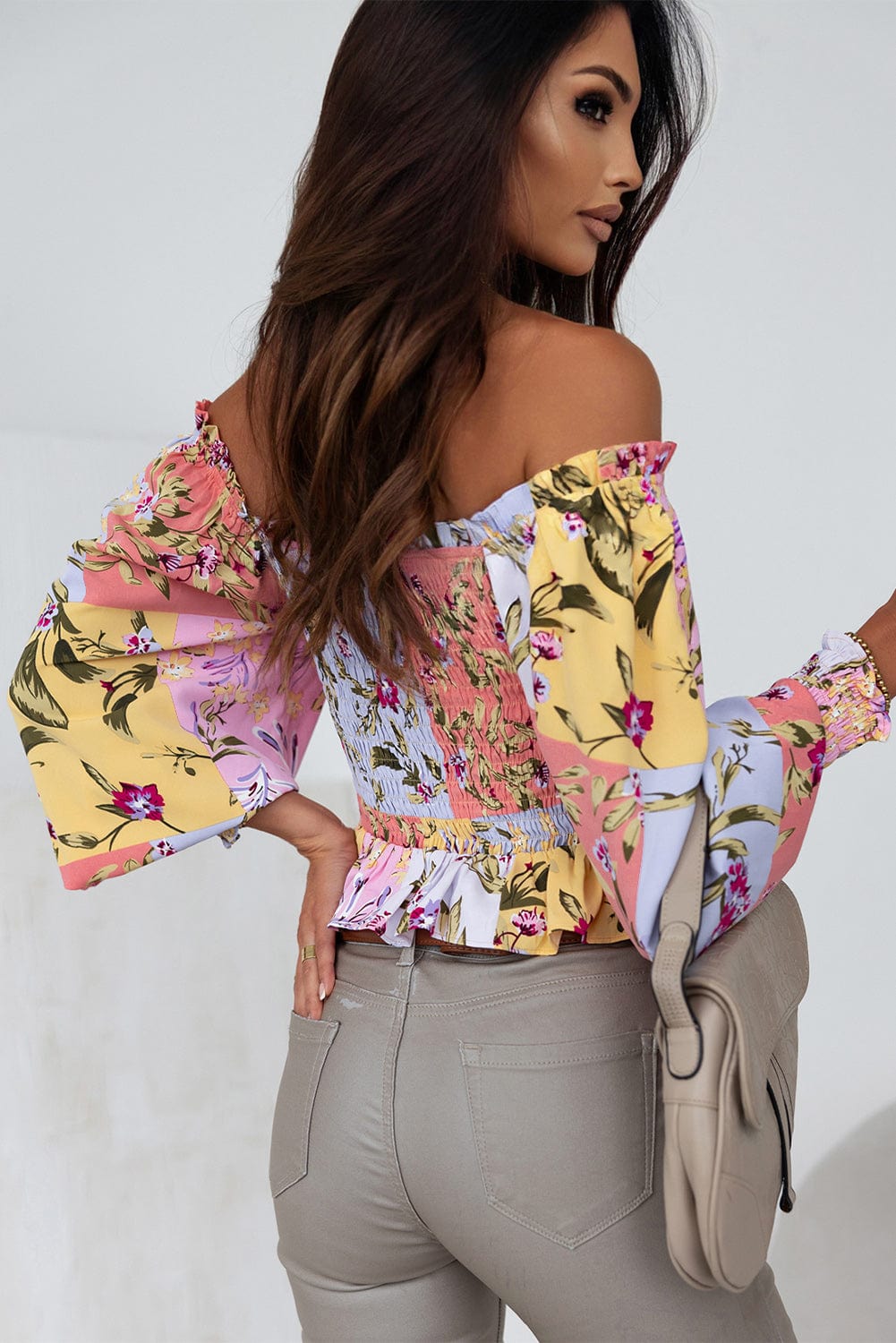 Printed Boat Neck Flare Sleeve Chiffon Blouses