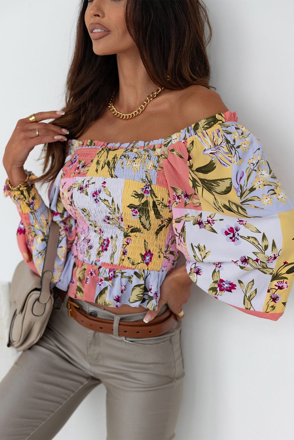 Printed Boat Neck Flare Sleeve Chiffon Blouses
