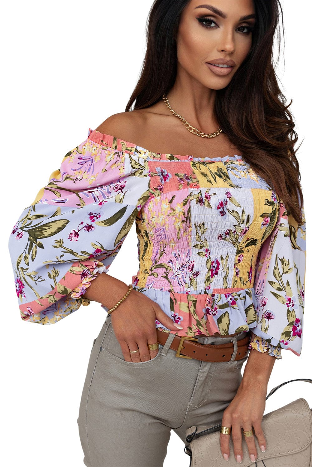 Printed Boat Neck Flare Sleeve Chiffon Blouses