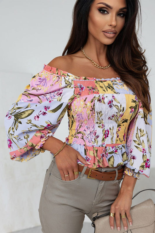 Printed Boat Neck Flare Sleeve Chiffon Blouses