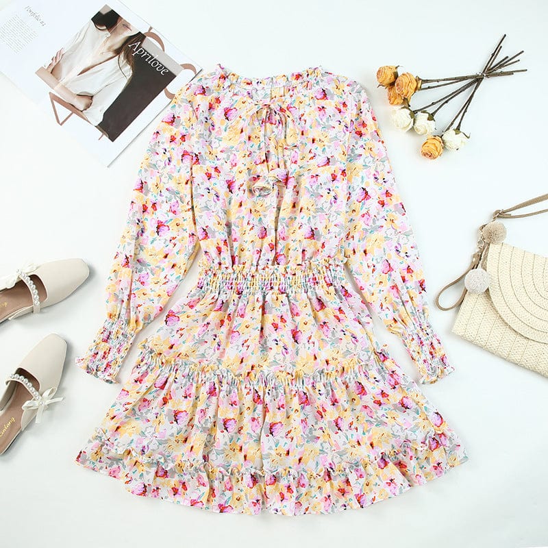 Printed Botanical Floral Leopard Print V-neck Ruffle Skirt Dress