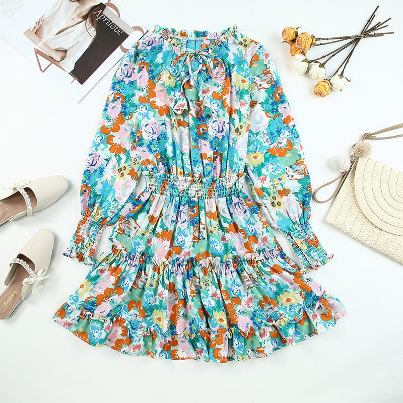 Printed Botanical Floral Leopard Print V-neck Ruffle Skirt Dress