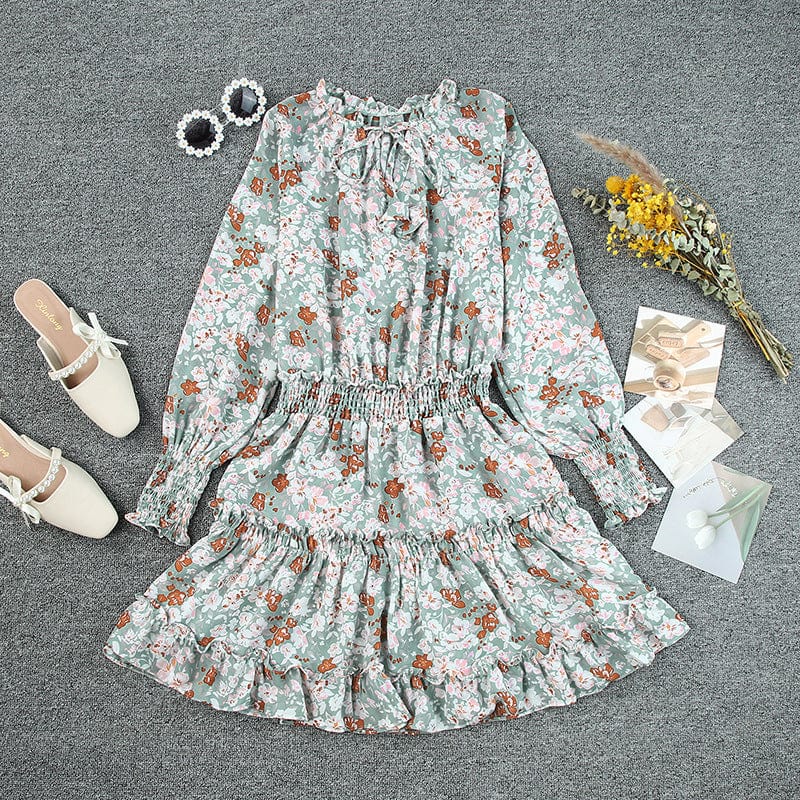 Printed Botanical Floral Leopard Print V-neck Ruffle Skirt Dress