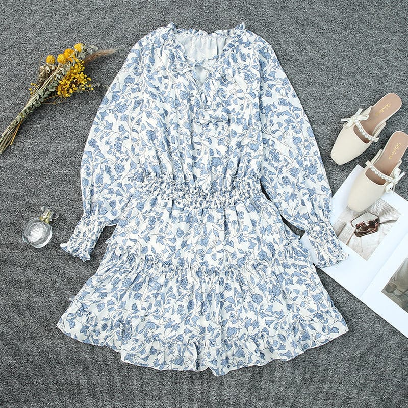 Printed Botanical Floral Leopard Print V-neck Ruffle Skirt Dress