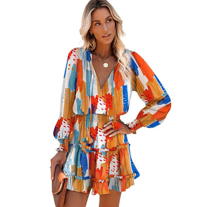 Printed Botanical Floral Leopard Print V-neck Ruffle Skirt Dress