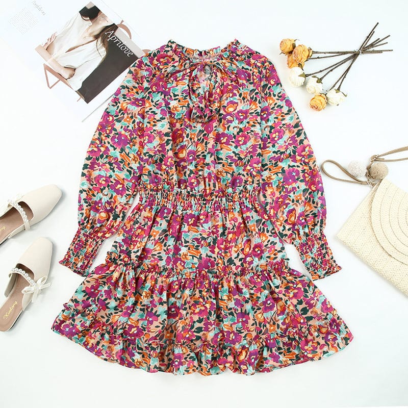 Printed Botanical Floral Leopard Print V-neck Ruffle Skirt Dress