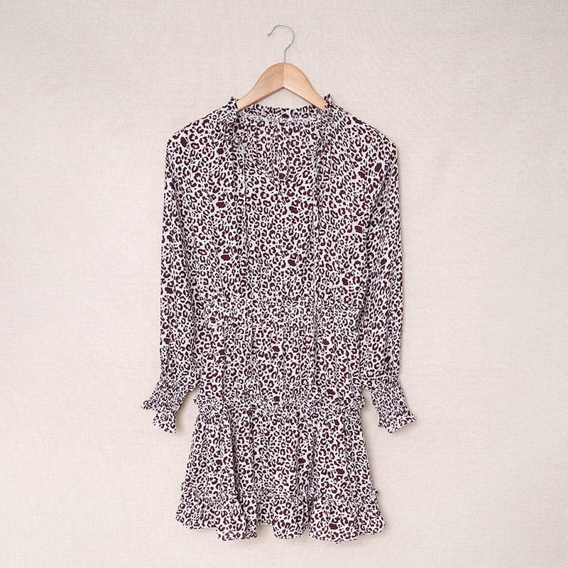 Printed Botanical Floral Leopard Print V-neck Ruffle Skirt Dress