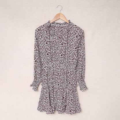 Printed Botanical Floral Leopard Print V-neck Ruffle Skirt Dress