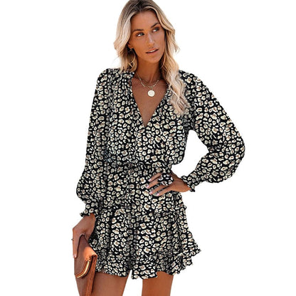Printed Botanical Floral Leopard Print V-neck Ruffle Skirt Dress
