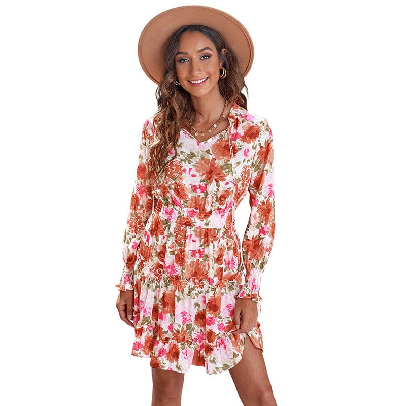 Printed Botanical Floral Leopard Print V-neck Ruffle Skirt Dress