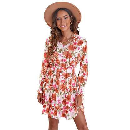 Printed Botanical Floral Leopard Print V-neck Ruffle Skirt Dress