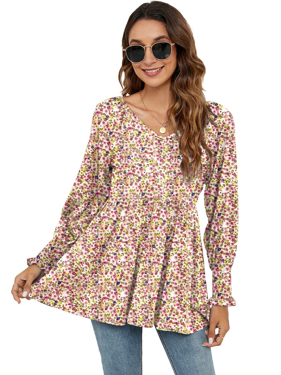 Printed Bubble Long-Sleeved Waist Blouse