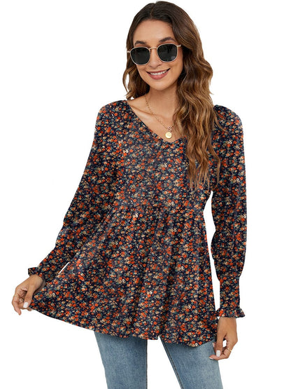 Printed Bubble Long-Sleeved Waist Blouse