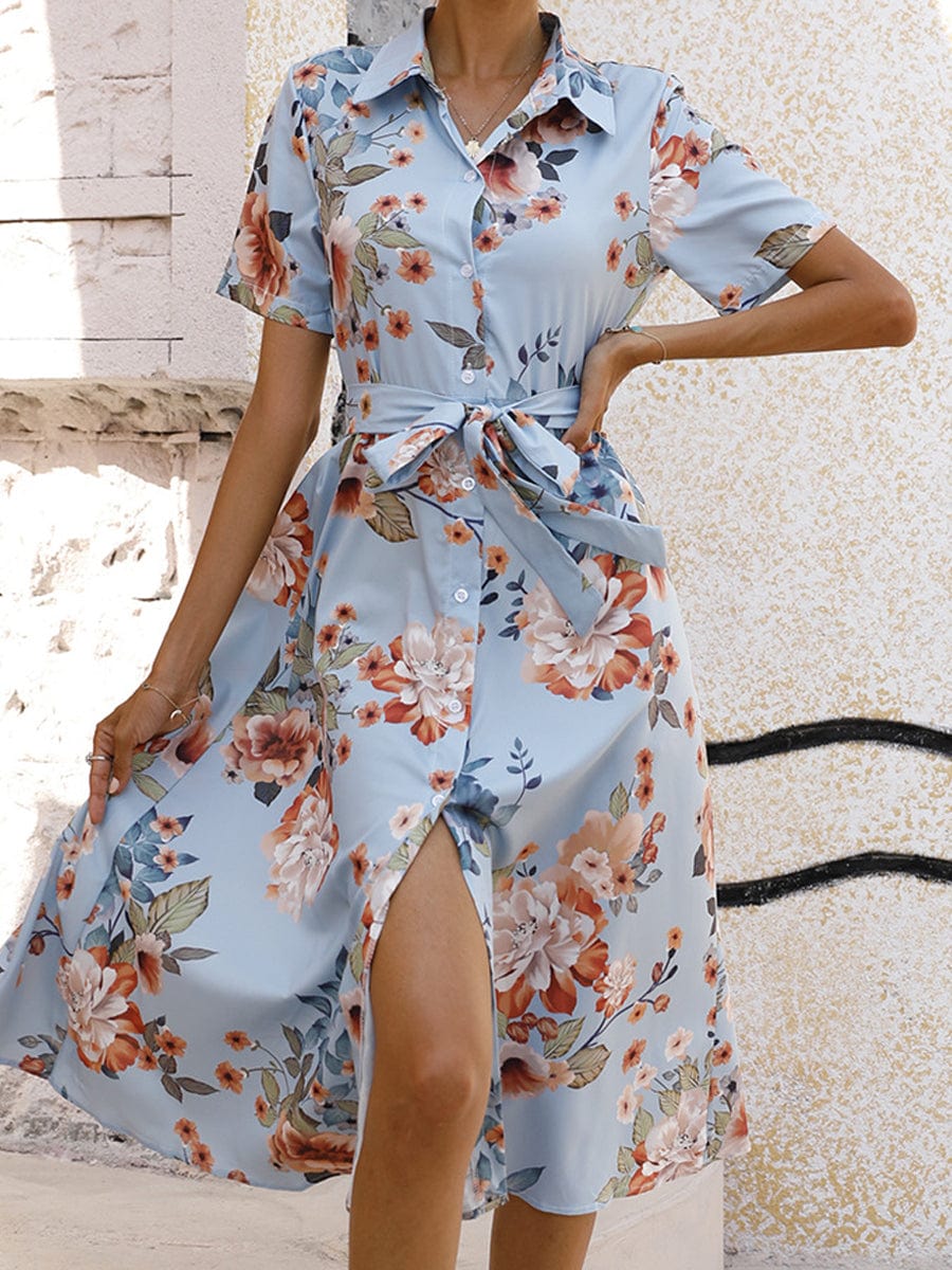 Printed Lace Up Lapel Waist Short Sleeved Midi Dress