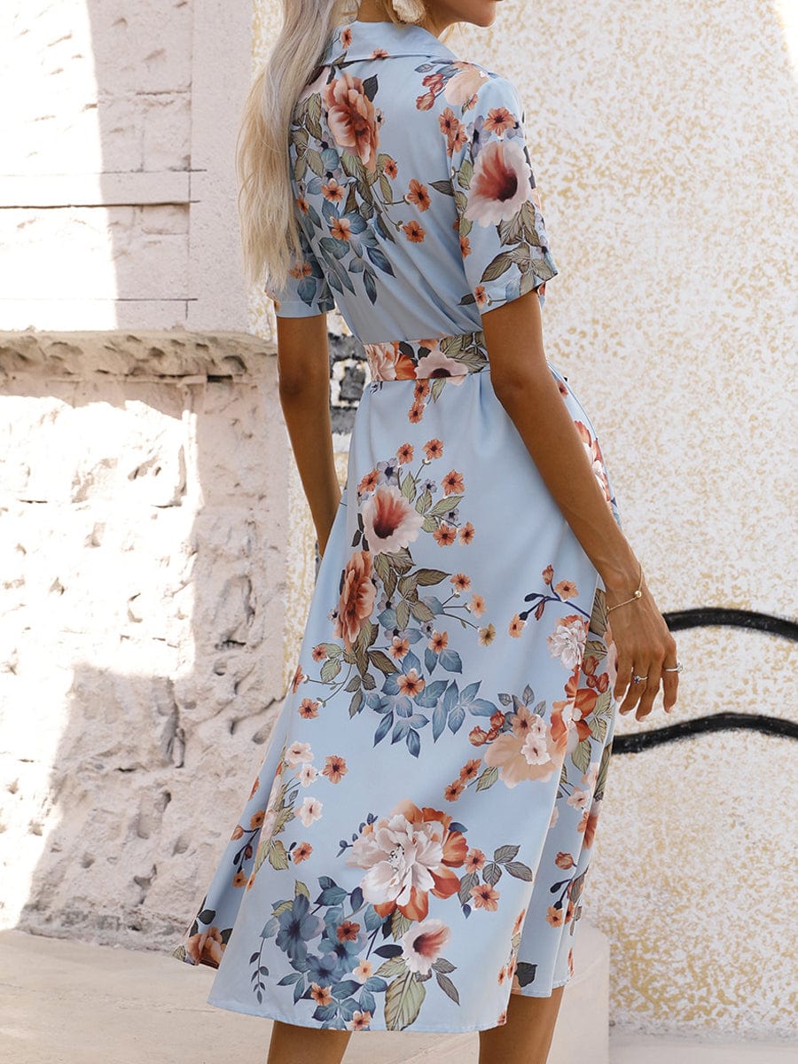 Printed Lace Up Lapel Waist Short Sleeved Midi Dress
