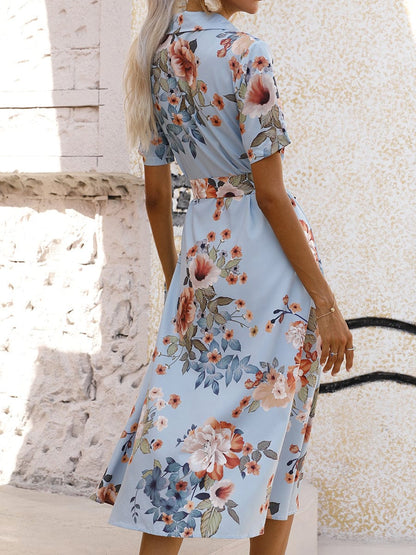 Printed Lace Up Lapel Waist Short Sleeved Midi Dress