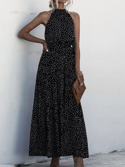 Printed Sleeveless Tie Waist Maxi Dress