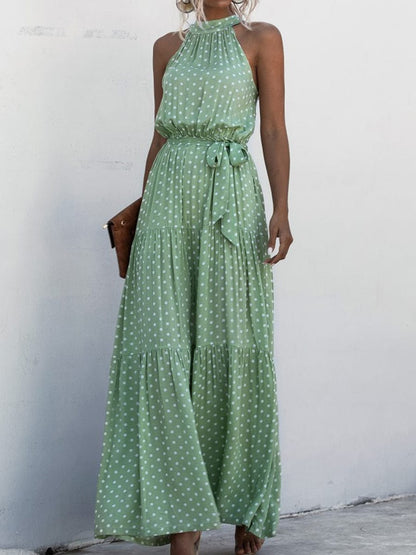 Printed Sleeveless Tie Waist Maxi Dress