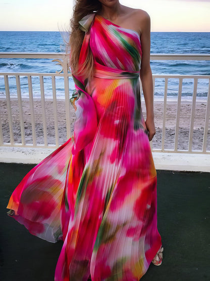 Printed Sloping Shoulder Pleated Dress