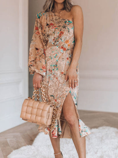 Printed Sloping Shoulder Slit Ruffle Dress