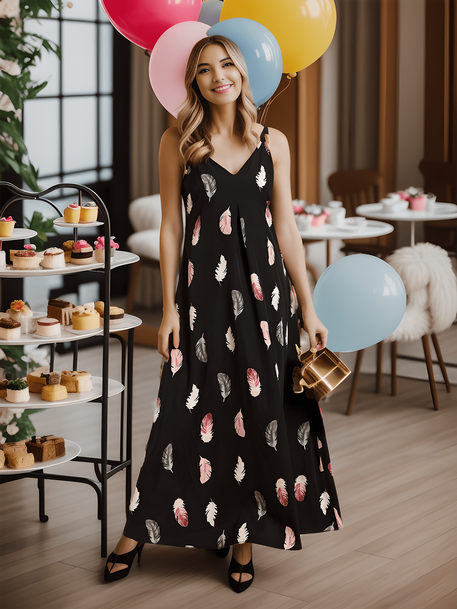 Printed Spaghetti Straps Sleeveless Wedding Guest Dress