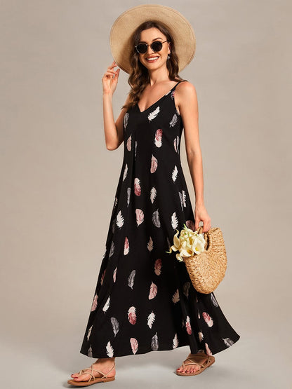 Printed Spaghetti Straps Sleeveless Wedding Guest Dress